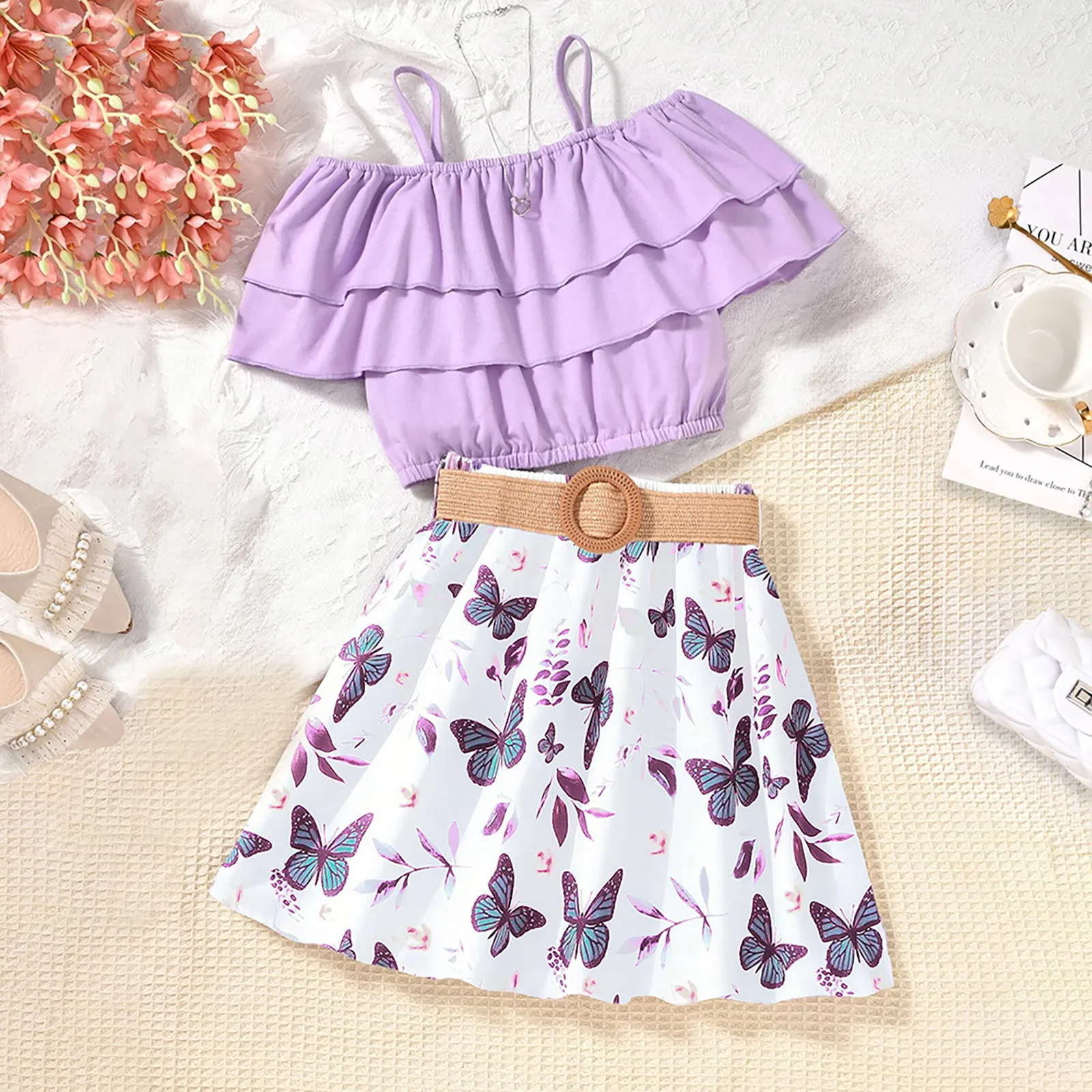 

Children Sleeveless Summer Clothes Sets For Girls 7-11 Years Ruffles Vest Tops Flowers Print Skirts Beach Wear Two Piece Outfits
