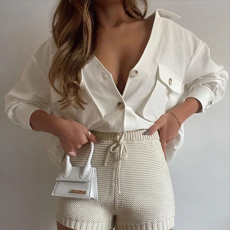 Autumn and Winter Ladies 2024 Chic Lapel Jacket with Belt Solid Color Long-sleeved Pocket Coat Lapel Elegant Shirt Jacket Women