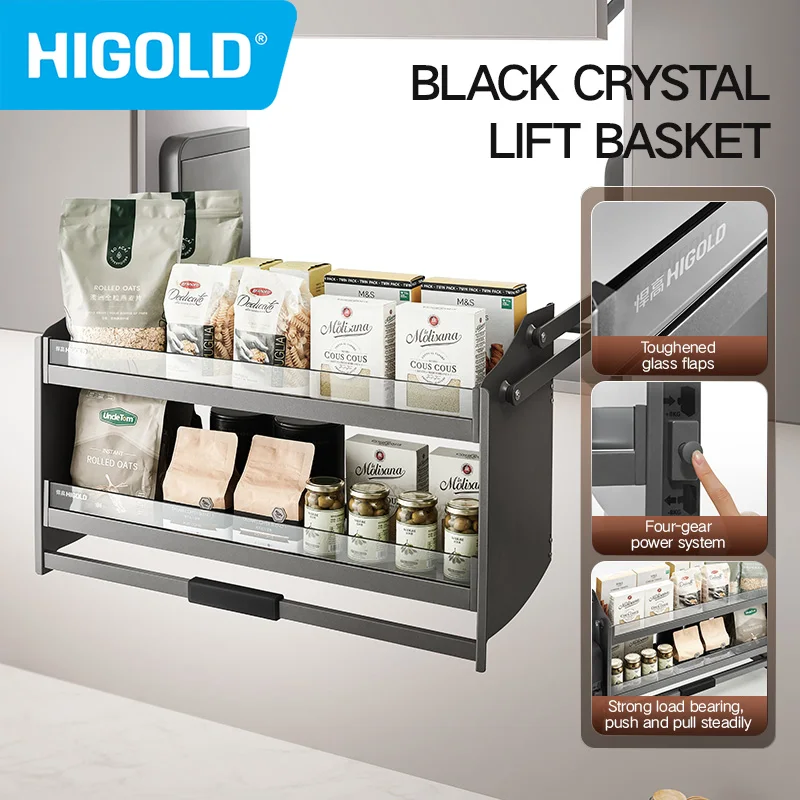 HIGOLD Pull Down Basket Kitchen Hanging Cabinet Lifting Basket Shelf Tempered Glass Design Bowl Double Spice