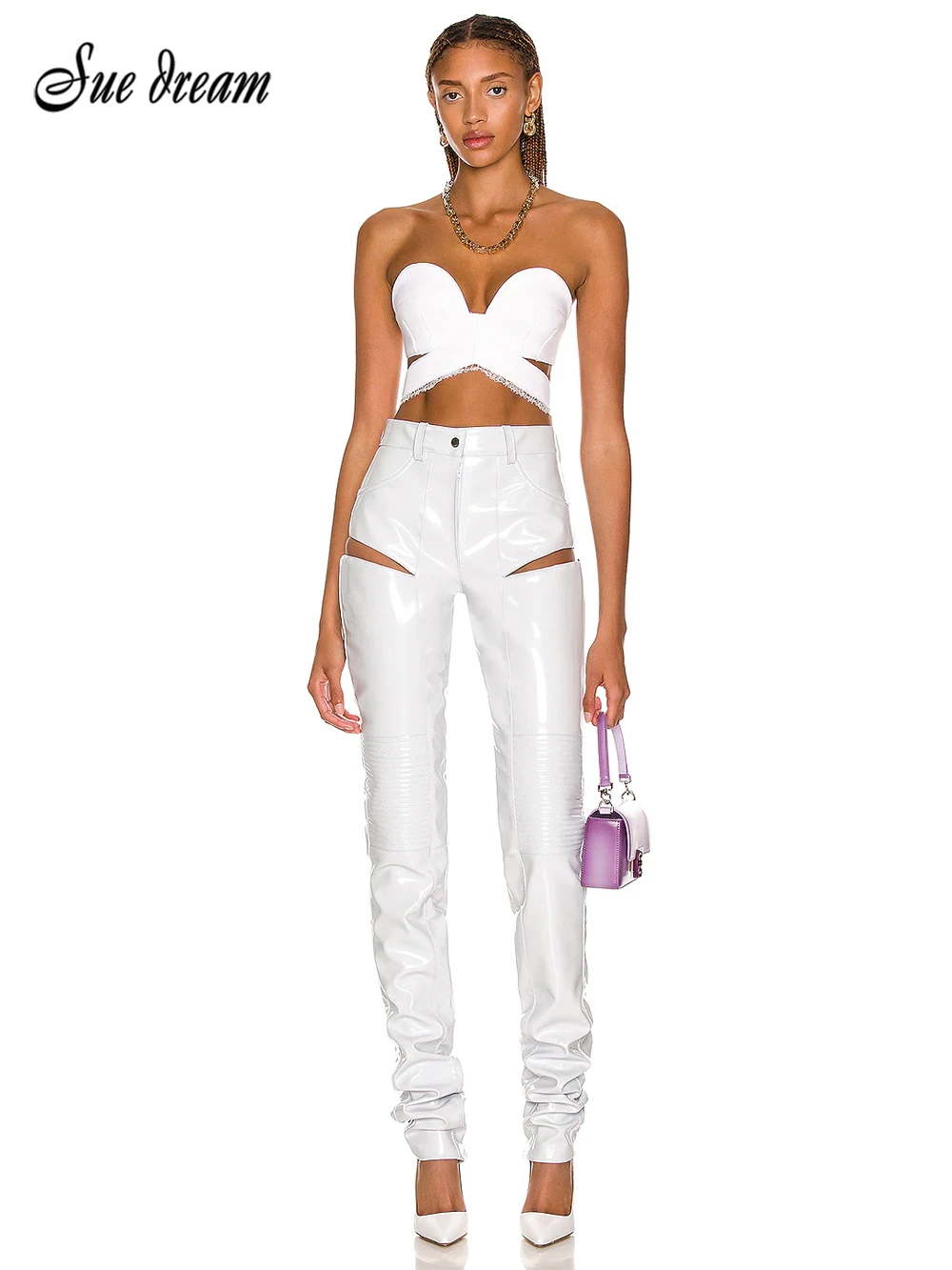 

White Skinny Jumpsuit Women Sexy Strapless Luxury Lace Crop Top Bandage PU Jumpsuit For Night Club Party