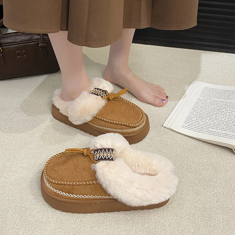 Women's Winter Thick Bottom Anti-slip Fleece Lined Full Cover Heel Cotton Slippers Warm Plush Snow Boots New 2025 Model