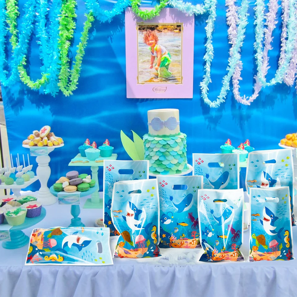 16 Shark-Themed Goodie Bags – Ocean Birthday Party Favors, Kraft Paper Treat Bags For Kids