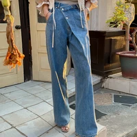 Retro High Waist Wide Leg Jeans Women's Autumn Long Pants Asymmetrical Design Versatile Chic Vintage Sle Ladies Denim Trousers - Image 4