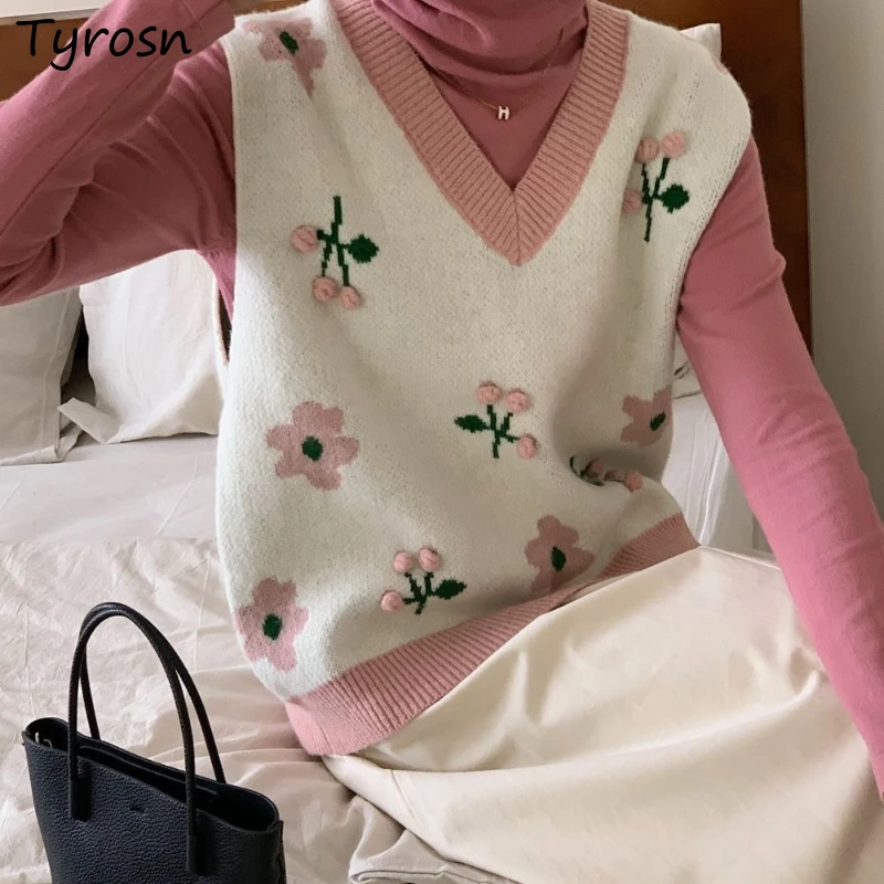 

Свитер, жилеты, женский осенний свитер без рукавов с 3D принтом для девочек, милые свободные вязаные свитера, универсальные мягкие домашние свитера с цветочной вышивкой и V-образным вырезом