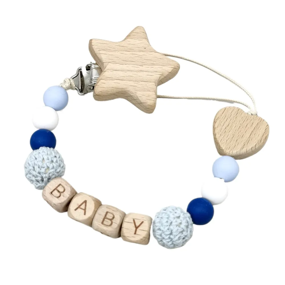 Personalized Name Baby Pacifier Clips Wooden Star & Heart Beads, Colorful Crochet Beads, Anti-Drop Soother Holders