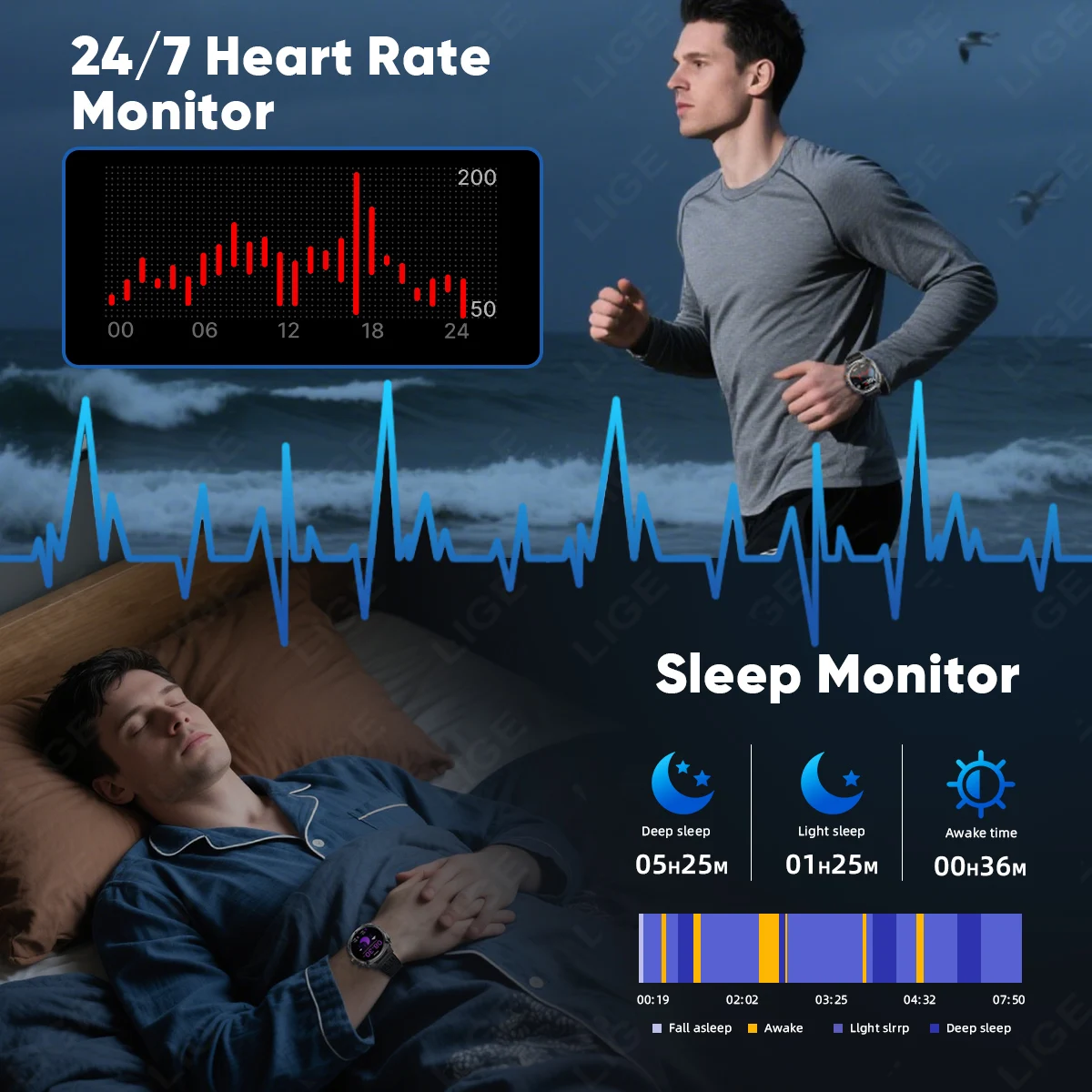 LIGE 2026 New Outdoor 800mAh AMOLED Smart Watch Men Flashlight BT Call Heart Rate Sleep Monitoring Waterproof Health Smart Watch