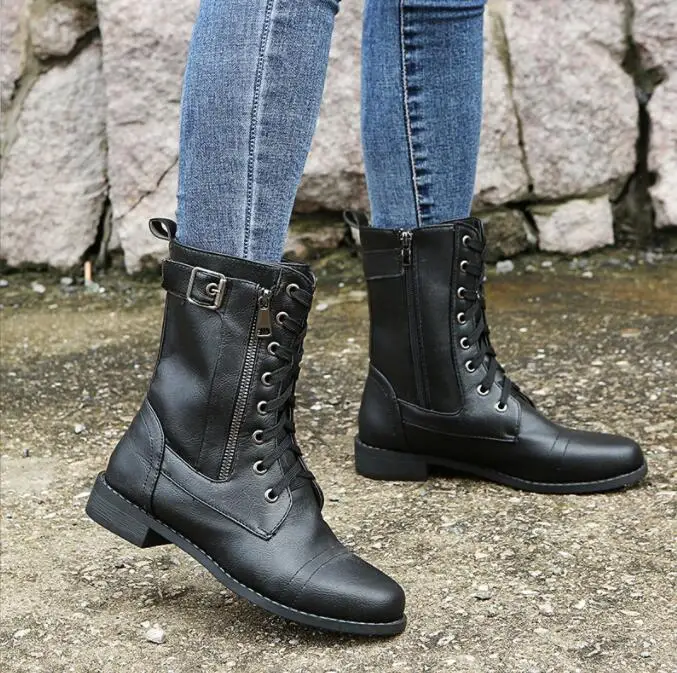 New Platform Shoes Women Boots Round Toe Zipper Spring Autumn Fashion Ankle Female Flat  boots for ladies Black Boots Large size