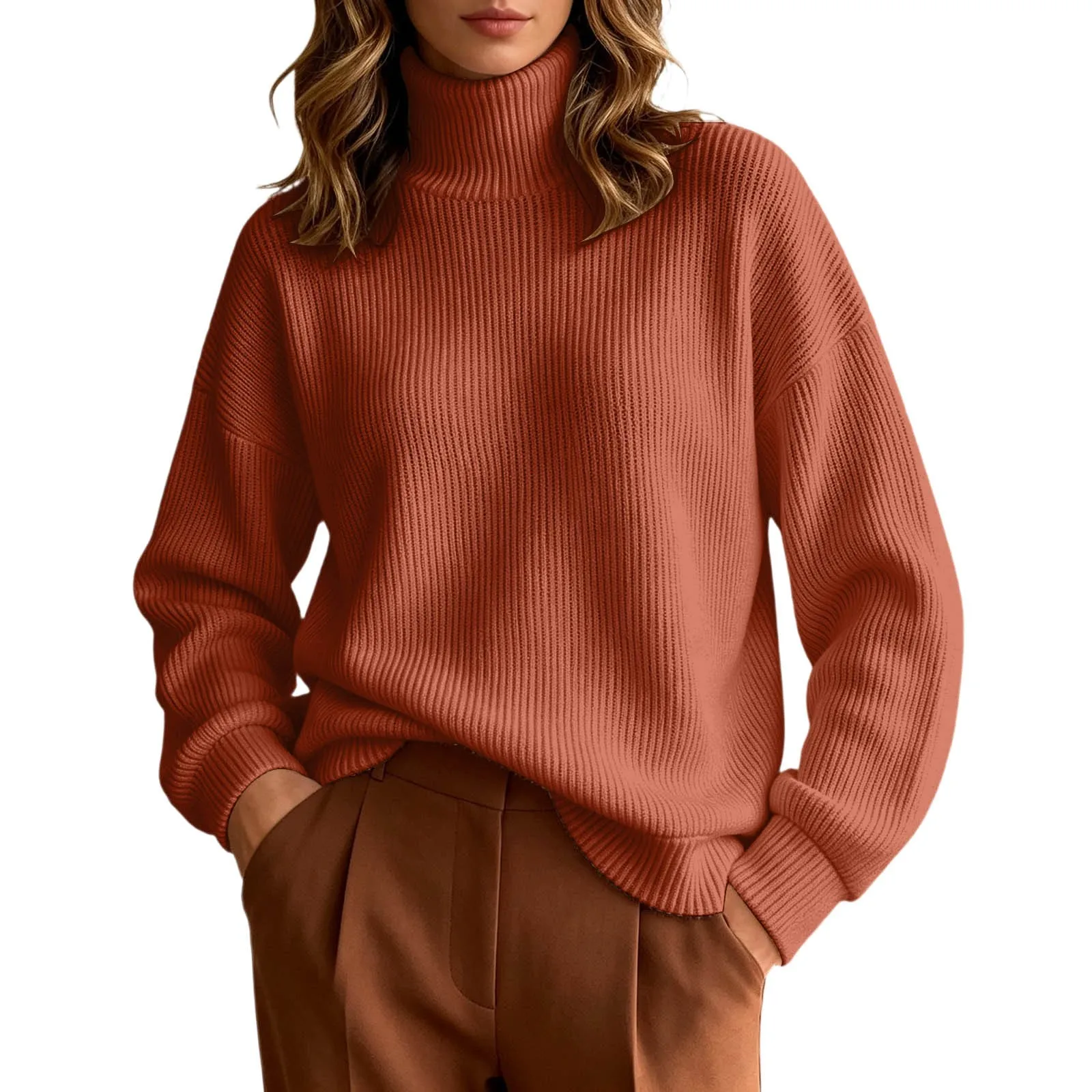 Women Fall Winter Pure Color Long Sleeved High Neck Round Neck Knitted Pullover Sweater Light Sweat Shirts Women