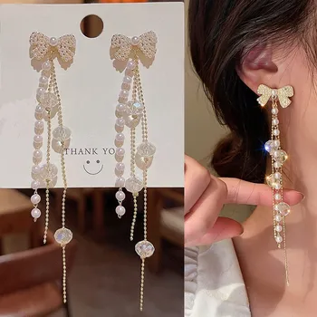 925 Silver Needle Korean Fashion Pearl Crystal Long Tassel Earrings For Women Jewelry 2025 Trending Luxury Bow Bowknot Earrings