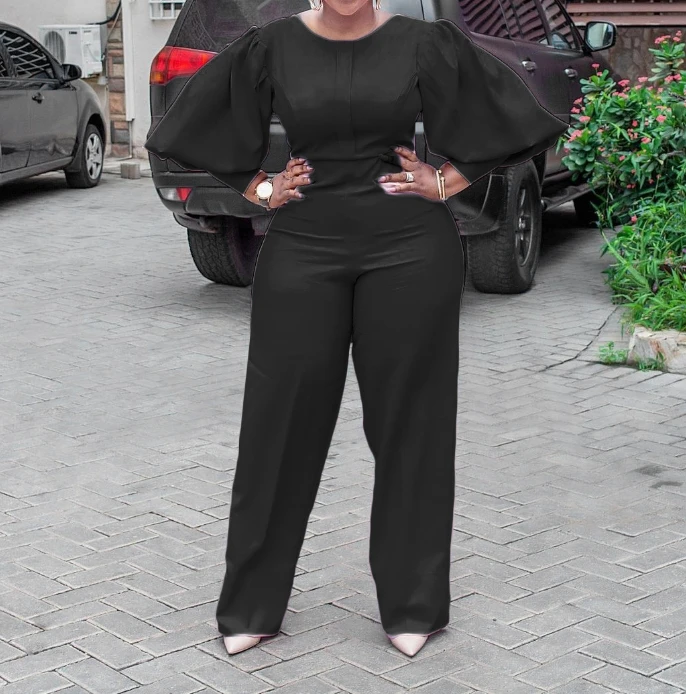 Women's Plus Size Bodysuit 2024 New O Neck Bubble Slim Fit Solid Color Sleeves Oversized Wide Leg High Waist Long Jumpsuit