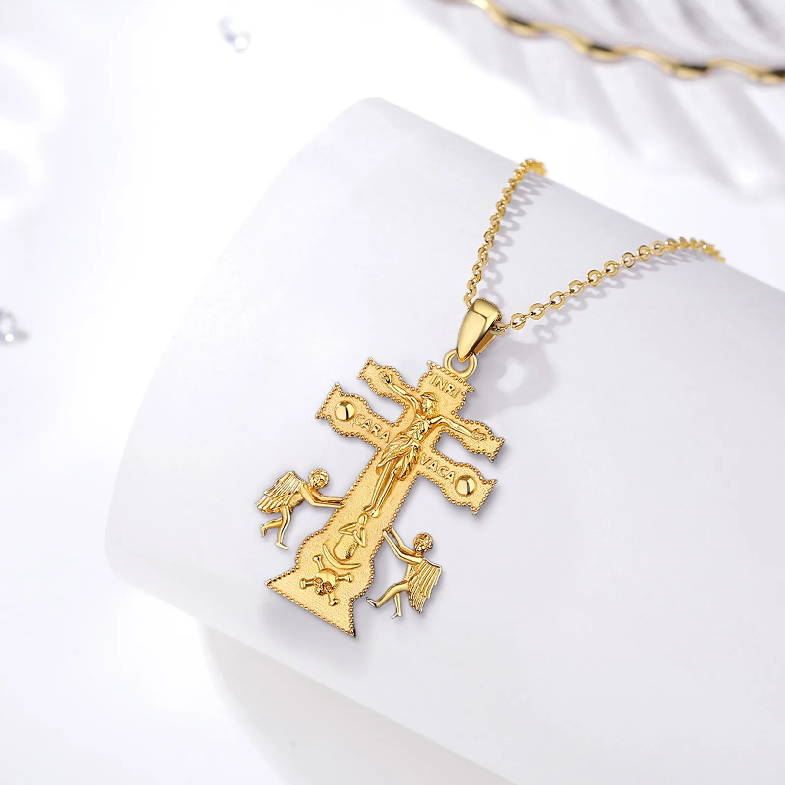 Eudora New 925 Sterling Silver Caravaca Cross Necklace 18K Gold Jesus Cross Pendant Men Women Religious Jewelry Exquisite Gift