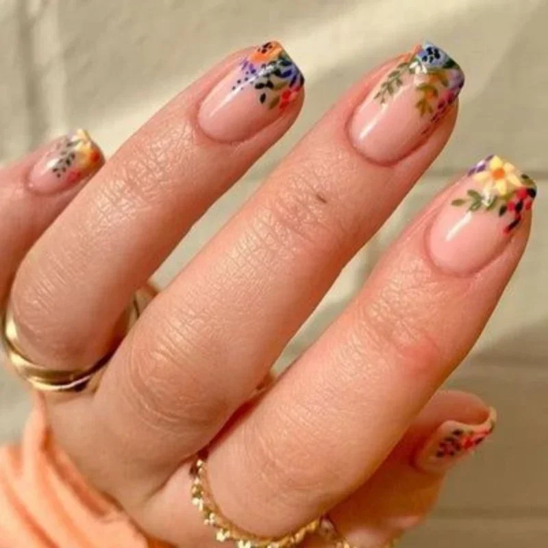 

24Pcs Square Press on Nails Set Glossy Spring Floral Design French Nails Stick on Full Cover Acrylic Fake Nails with Glue