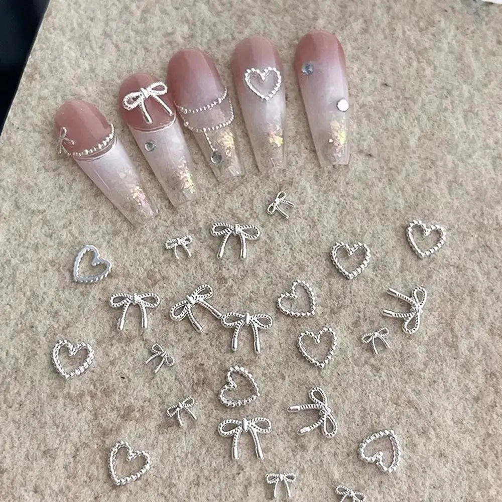 10Pcs/Bag Mini Bowknot Nail Art Charms Alloy Metal Love Nail Decals Super Shiny Silver Manicure Accessories