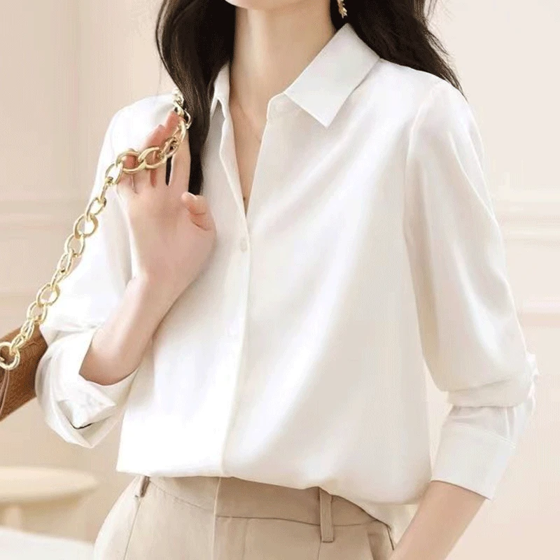 

2024 New Summer Korean Style Retro Sweet Loose Casual Women's Shirt Solid Color Button Lapels Long Sleeve Polyester Chic Tops