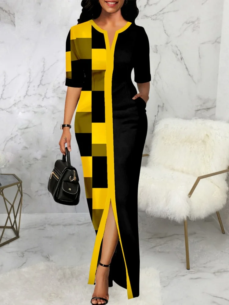 

Colorblock Graphic Printed Maxi Dresses Irregular Patchwork Notched Neck Half Sleeve Slit Robe Femme Slim Business Work Vestidos