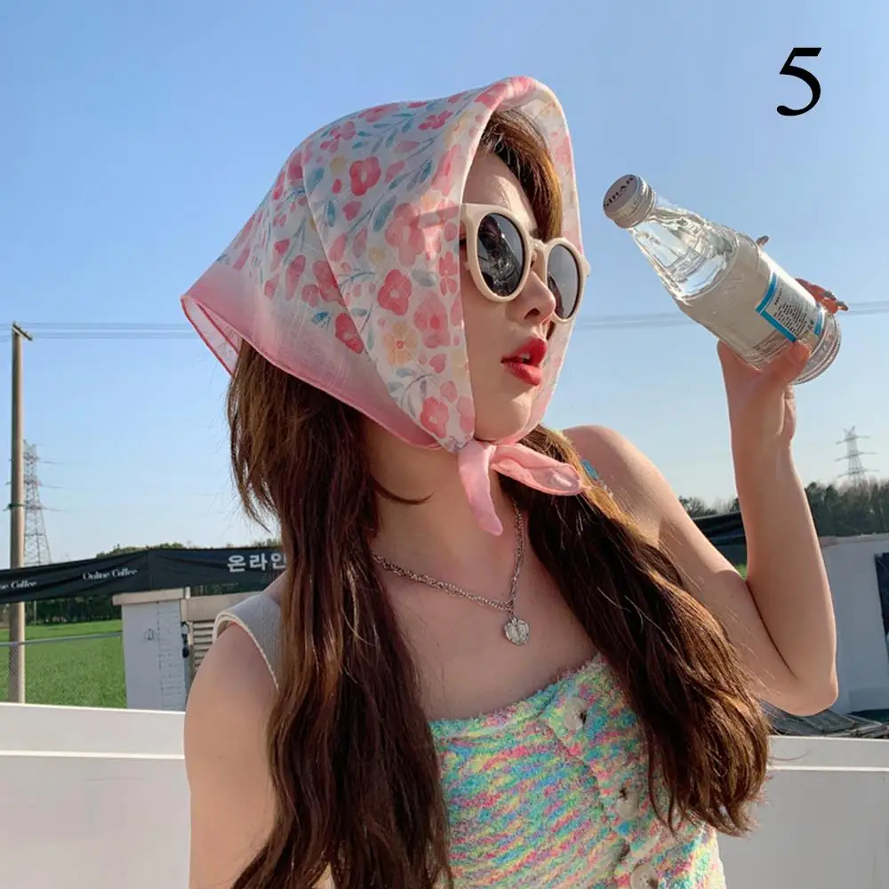 Cotton Linen Scarf Small Square Scarf Floral Decorative Hair Scarves Cute Handkerchief Neckerchief Women Scarf Hair Band INS ?? 6