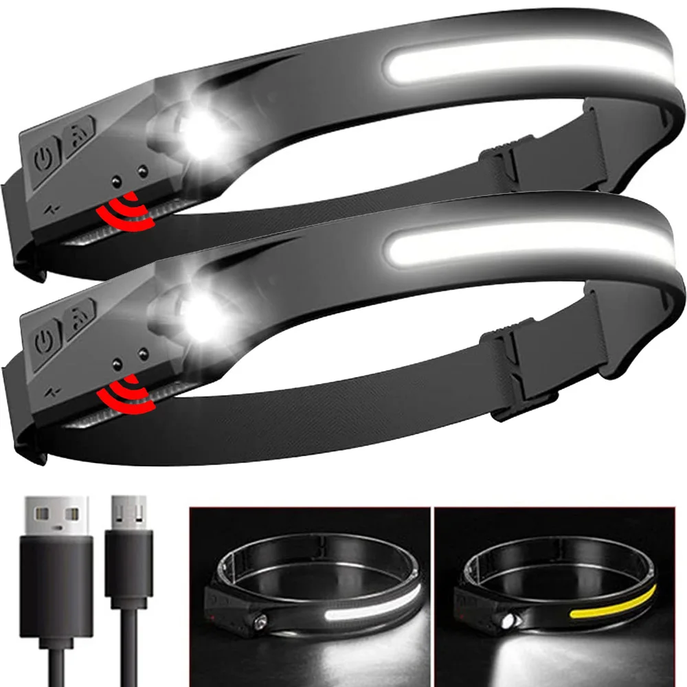 COB LED Headlamp Sensor Headlight with Built-in Battery Flashlight USB Rechargeable Head Lamp 5 Lighting Modes Torch Work Light