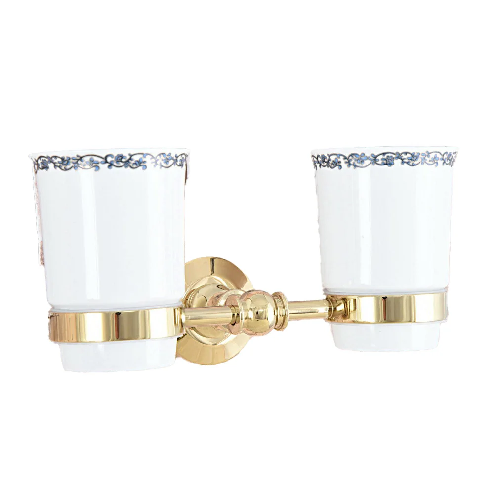Golden Brass Wall Mounted Double Toothbrush Holders With 2 Creamic Cups Tooth Cup Holders For Bathroom Accessories zba316