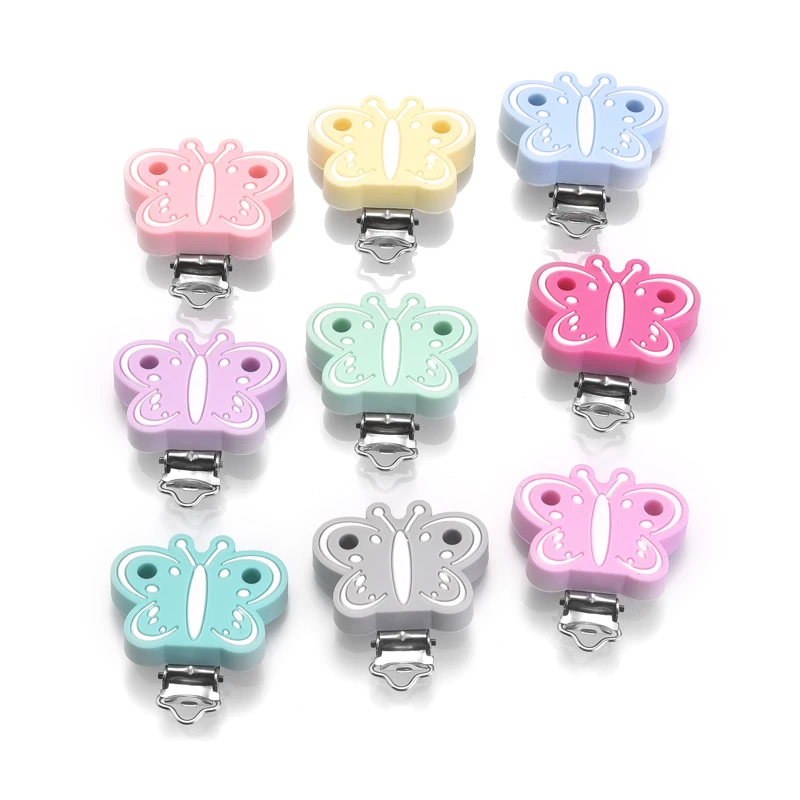 

1Pcs Food Grade Silicone Pacifier Clip Cartoon Butterfly Teether Clip DIY Teething Molar Chew Toy Soother Nipple Chain Accessory