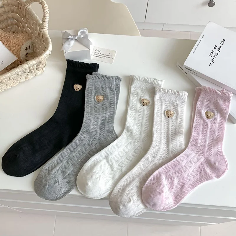 

5 Pairs Women's Bear Socks Japanese Fashion Mid Length Ins Trendy Cute Cartoon Embroidery Summer Thin Breathable Casual Sock