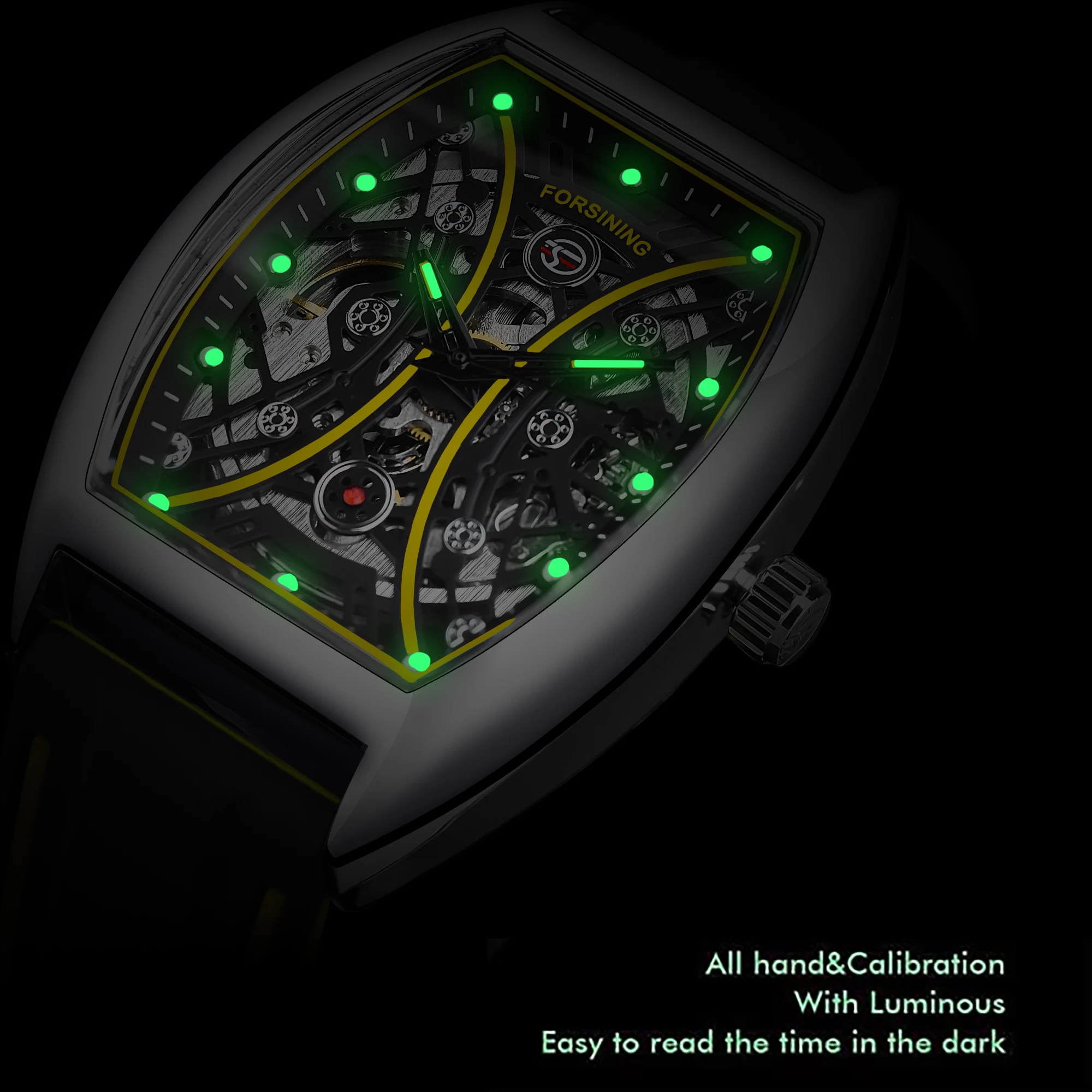 Forsining Skelett-Armbanduhr mit automatischem Aufzug, Gelb/Silber, für Herren, mechanisch, Militäruhr, rechteckig, für Herren, automatische Uhren_voghion.com