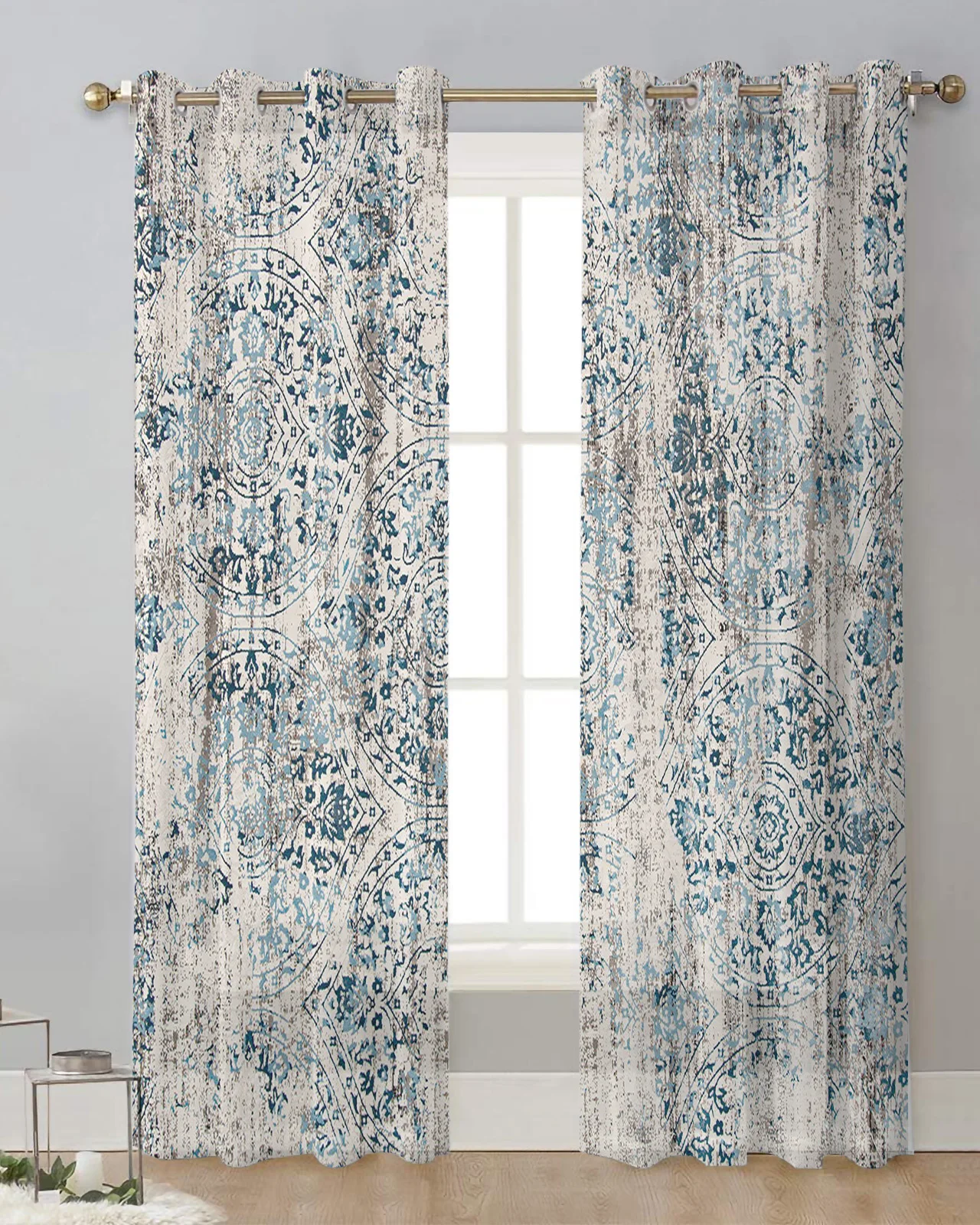 

Retro Shabby Pattern Blue Curtain Tulle Curtains For Living Room Kitchen Window Treatments Voile Curtains