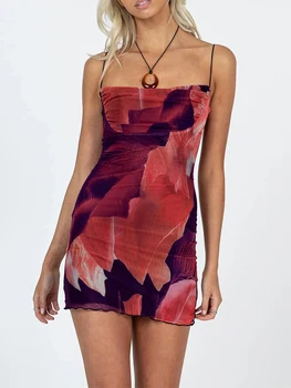 Women's Bodycon Mini Dress Sleeveless Spaghetti Strap Cowl Neck Abstract Print Dress Casual Night Out Dress 1