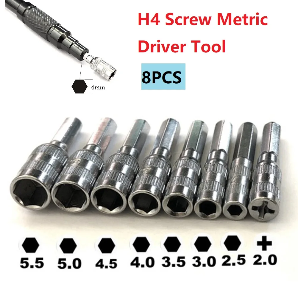 8pcs 6 Point Hex Socket H4 Hex Shank Nut Driver Screw Metric Driver Tool Drill Bit Metal PH2.0 M2.5 3.0 3.5 4.0 4.5 5.0 5.5mm 2