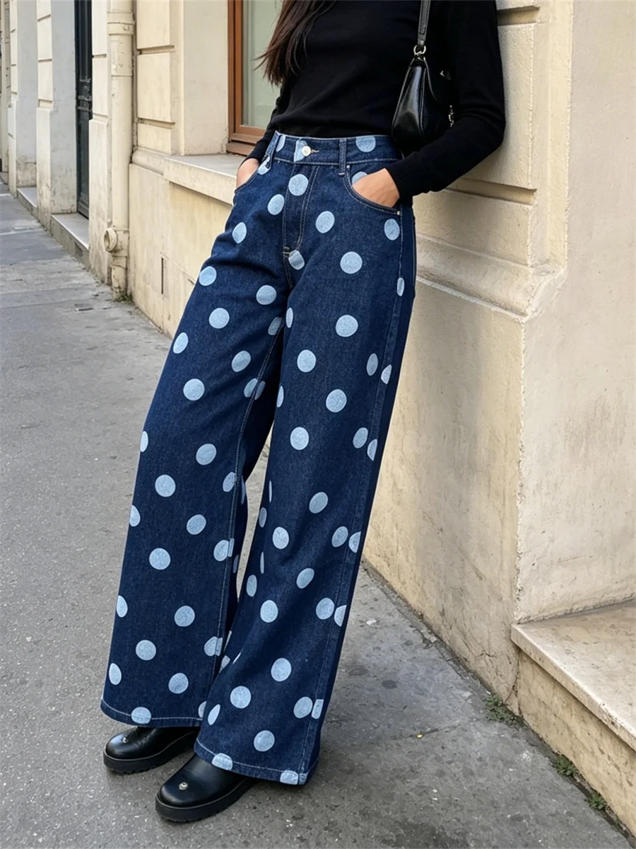 Pantalon en jean ample pour femme, taille basse, imprimé à pois, coupe décontractée, style urbain, pour le quotidien
