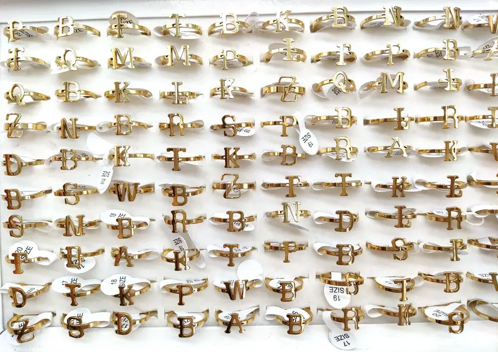 Großhandel 50 teile/los Englisch alphabet Edelstahl Ringe Mode Initialen Brief Ring Frauen Klassische Einfache Partei Schmuck – Detail 8