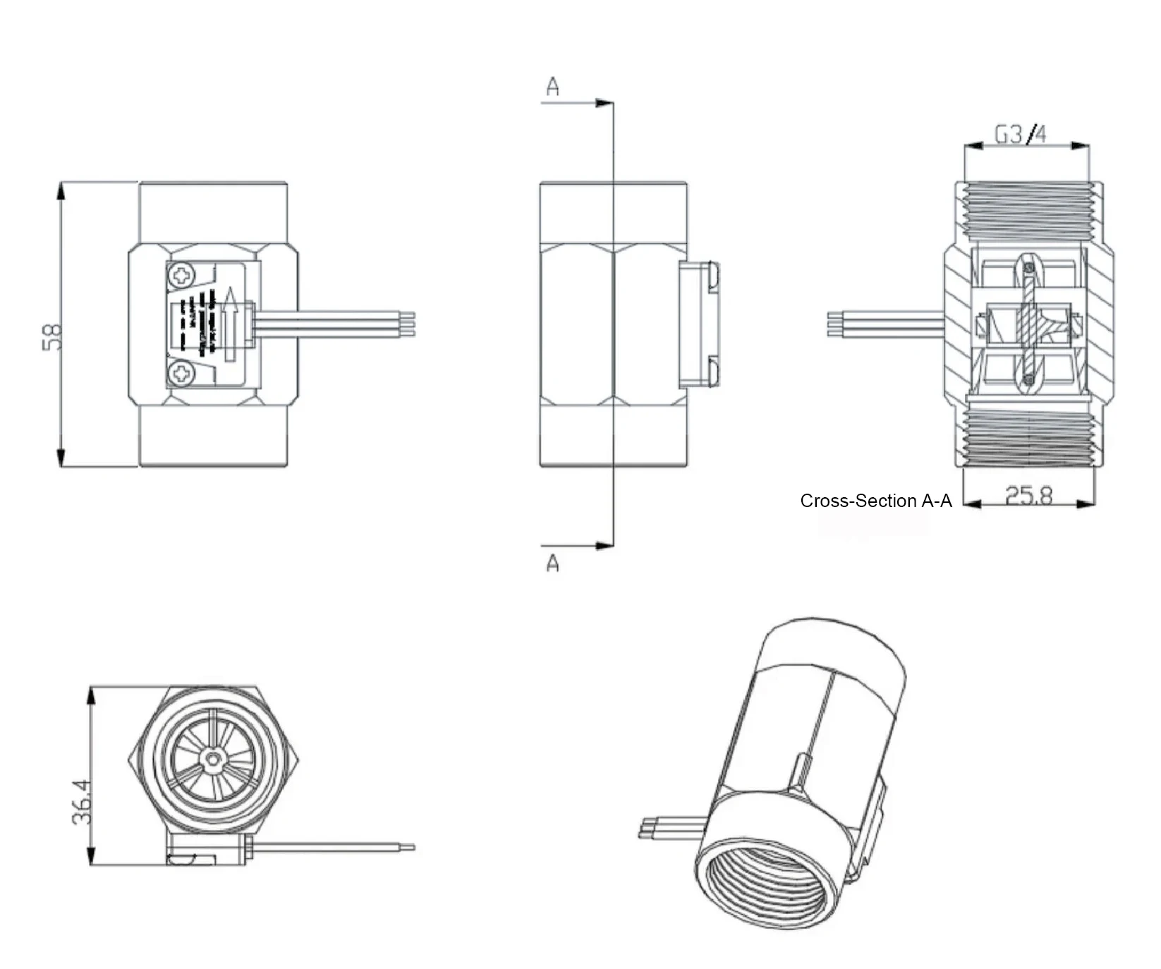 Water Flow Sensor Hall Effect Flow Meter Brass Valve Body Liquid Flow Rate Senso