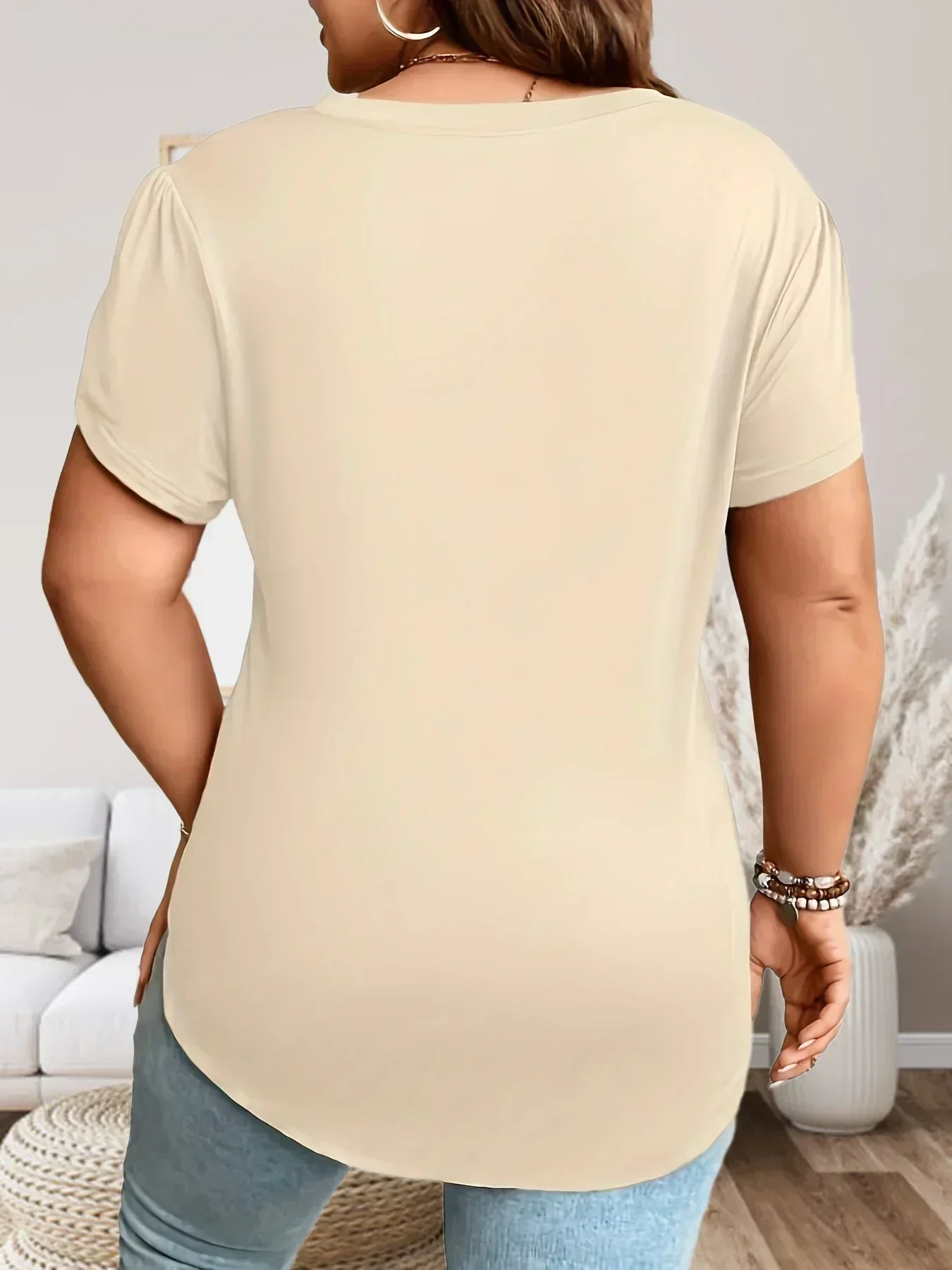 Women Plus Petal Sleeve Curved Hem Shirt Fashionable Style