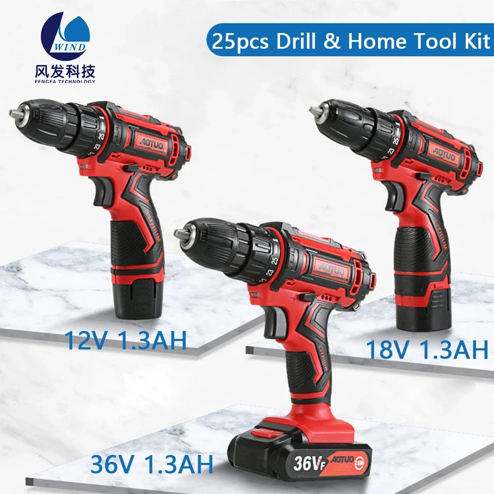 

12v 18v 36v Charging Battery multifunctional cordless 25pcs Drill & Home set hand profesional Driller portable power tools box