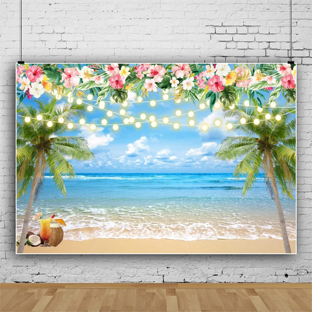 thumbnail image 1 of Fondo de fotografía de verano con flores tropicales, Aloha, Luau, mar, tabla de surf, fiesta de vacaciones, cumpleaños, accesorios de decoración, 1 of 5