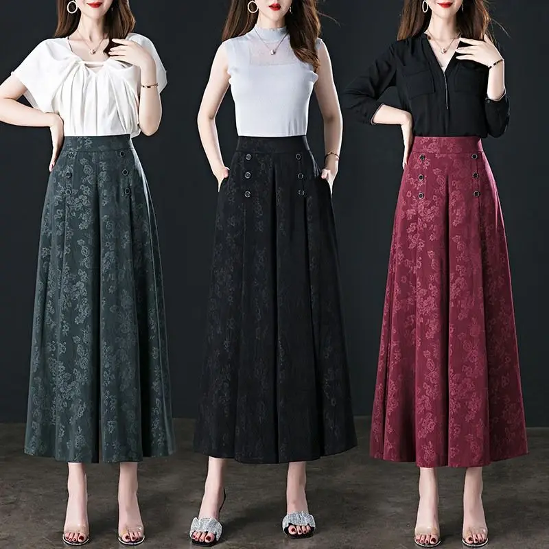 High End Fashion Korean Style Long Skirt Pants Women's Tie Dye Print Button Patchwork Pockets High Waist Straight Wide Leg Pants