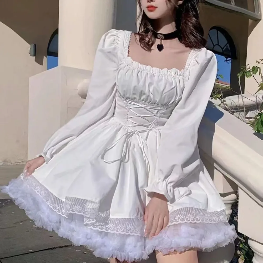 Vintage Gothic Dark Black Dress Japanese Harajuku Sweet Lolita Streetwear Square Neck Lace Women Lolita Dress White Long Sleeve