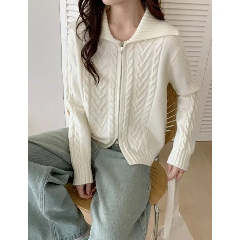 Fashion New Women's Lapel Knitted Women's Long Sleeve Sweater Fashion Zipper Cardigan Solid Color Women's Autumn and Winter Top