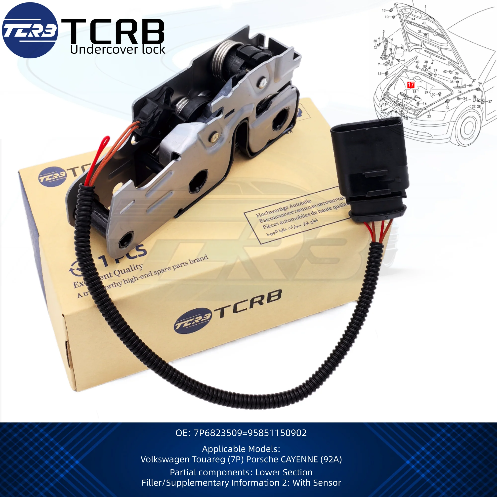 95851150902 TCRB 엑설런트-포 투아렉 엔진 후드 래치 잠금장치 7P6823509 7P6 823 509 후드 커버 잠금장치용