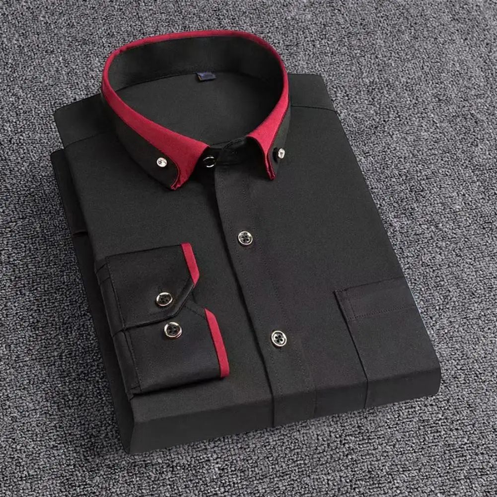 

Men Top Men Long Sleeve Shirt Contrast Color Lapel Men's Business Shirt Soft Breathable Office Top Plus Size Anti-wrinkle Mid