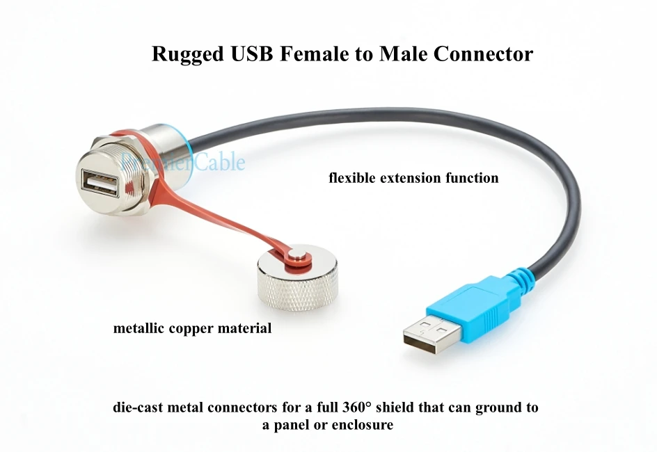 Wasserdichtes USB 2.0-Kabel, IP67 Panelmontage Metall-A-Buchse auf Standard-A-Stecker Datenübertragungskabel mit Kappe – Detail 3
