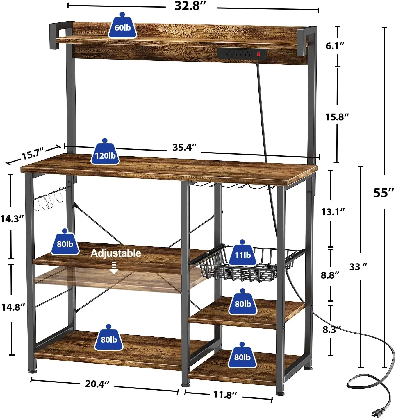 Rack with Power Outlet, Microwave Stand, Kitchen Storage Shelf with Wire Basket, Coffee Bar Station Wine Gl