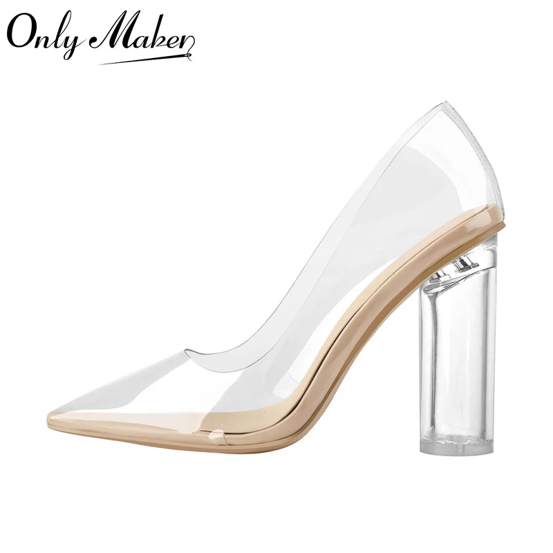 

Onlymaker Women Pointed Toe PVC Clear High Heels Pumps Buckle Chunky Transparent Strip Big Size Summer Pumps