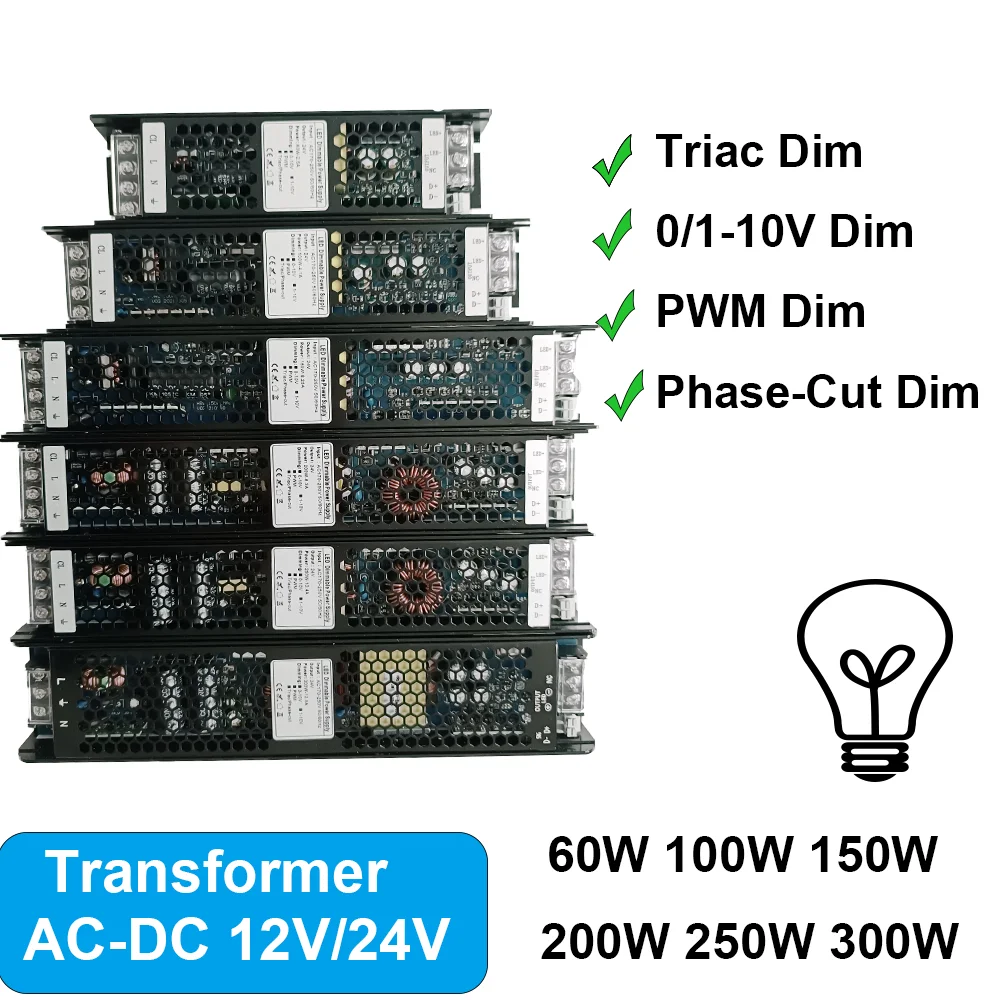 트라이액 디밍 가능 LED 드라이버, 디밍 가능 전원 공급 장치, LED 변압기, 300W, 100W, 60W, 0/1-10V, 12V, 24V, 250W, 12V, 200W