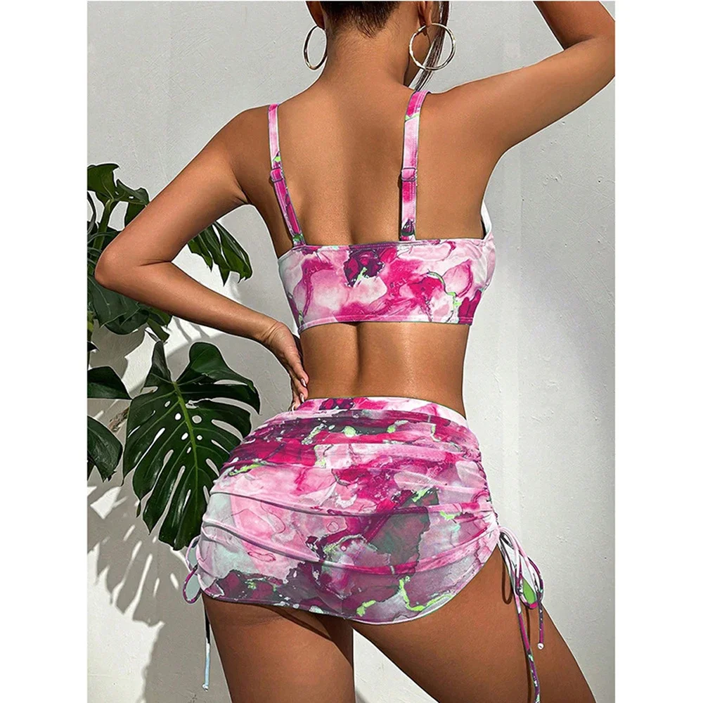 Summer Womens Bikini Set New Tie-dye Printed Sexy V Neck Split Swimsuit Push-Up Bra Swimwear 3-piece Set Bathing Suit Beachwear