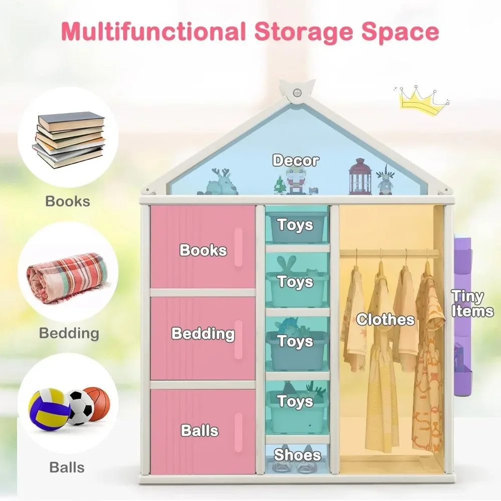 Kids Costume Storage Closet, Children Pretend Dresser Wardrobe, Open Hanging Armoire Closet with Storage Bins, Shelves