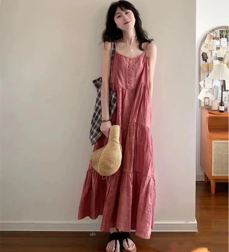 

Summer New Summer Wear Large Size Women's Retro Sling Dress with Fairy temperament Loose Big Fold Dress Beach Dress Long Dress