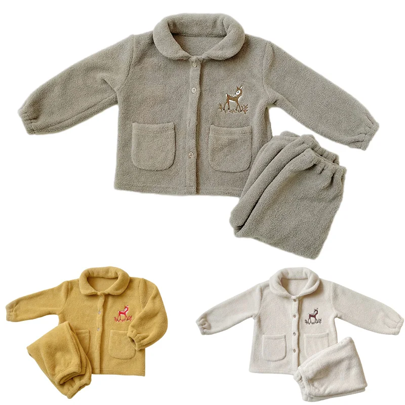 2PCS Winter Pajamas for Kids Coral Fleece Baby Sleeping Clothes Warm