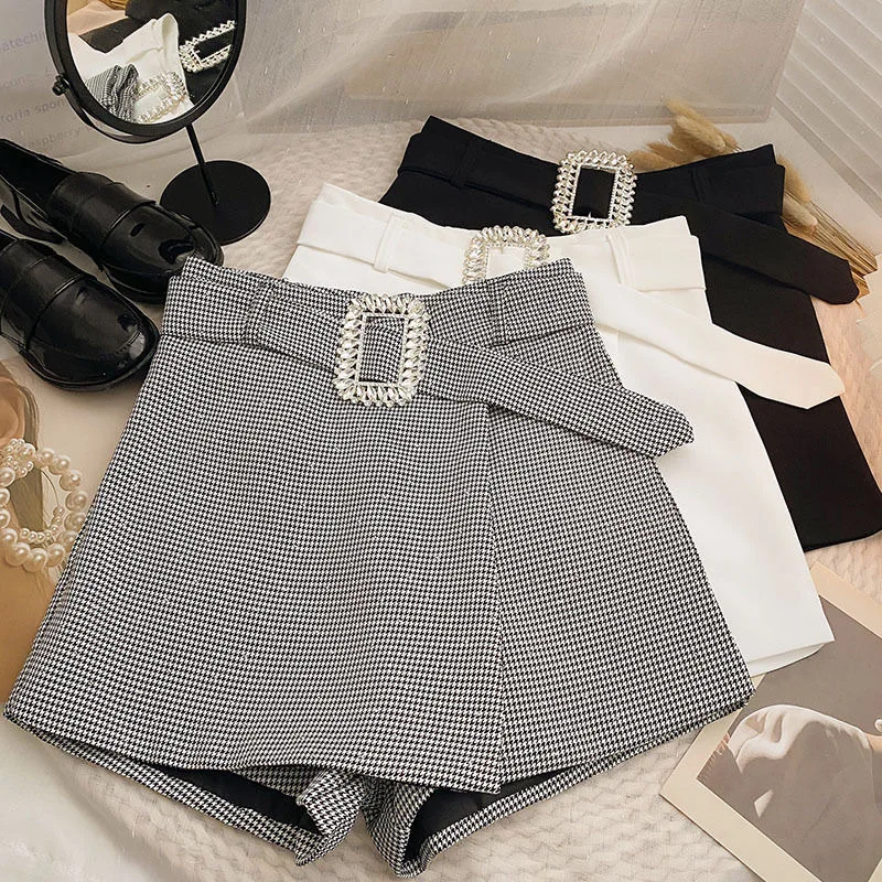 

Girls Autumn Thousand Bird Checker Shorts 2024 New Korean Edition Diamond Buckle Elastic Waist Wide Leg Skirt Belt