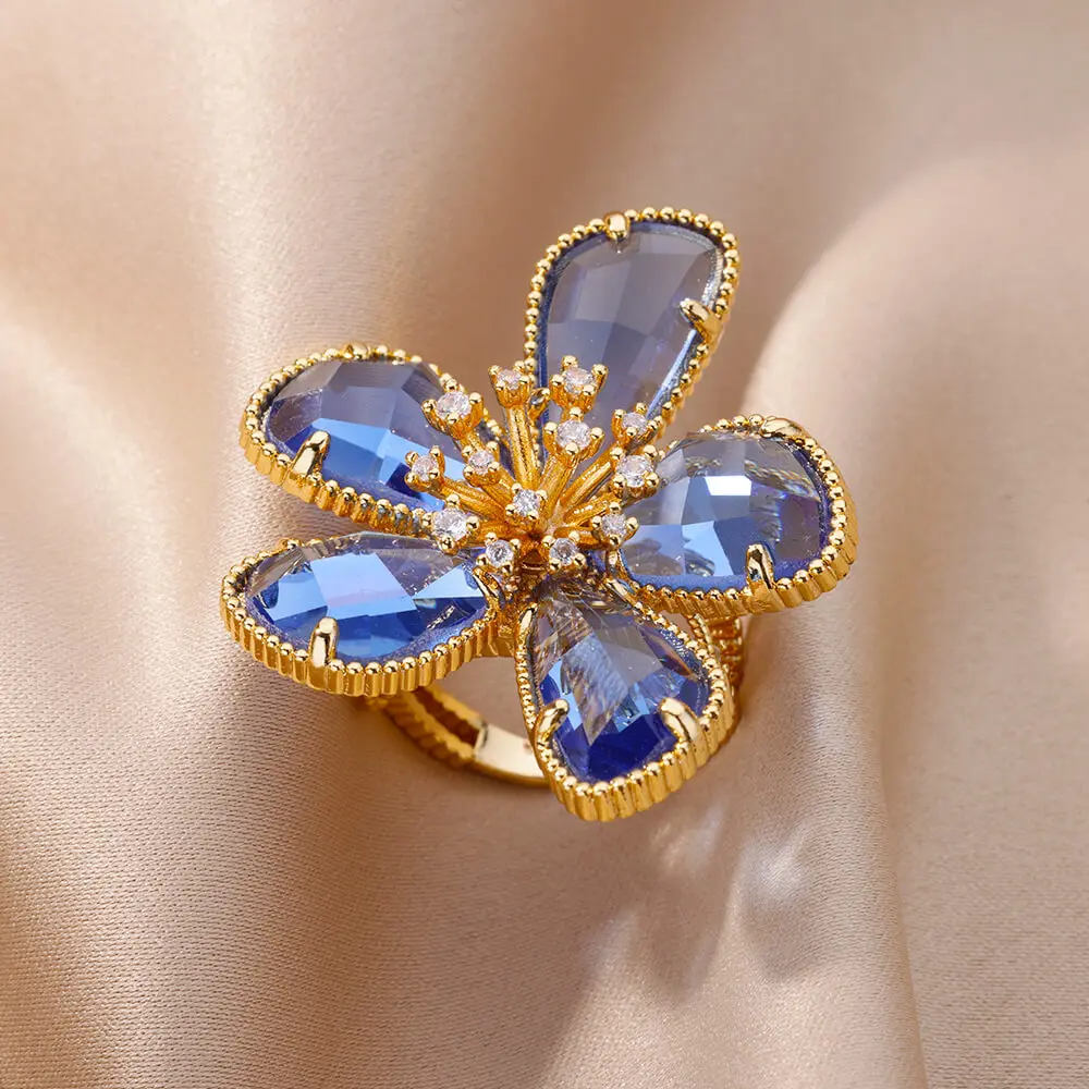 Zircon Flower Rings Women Adjustable Stainless Steel