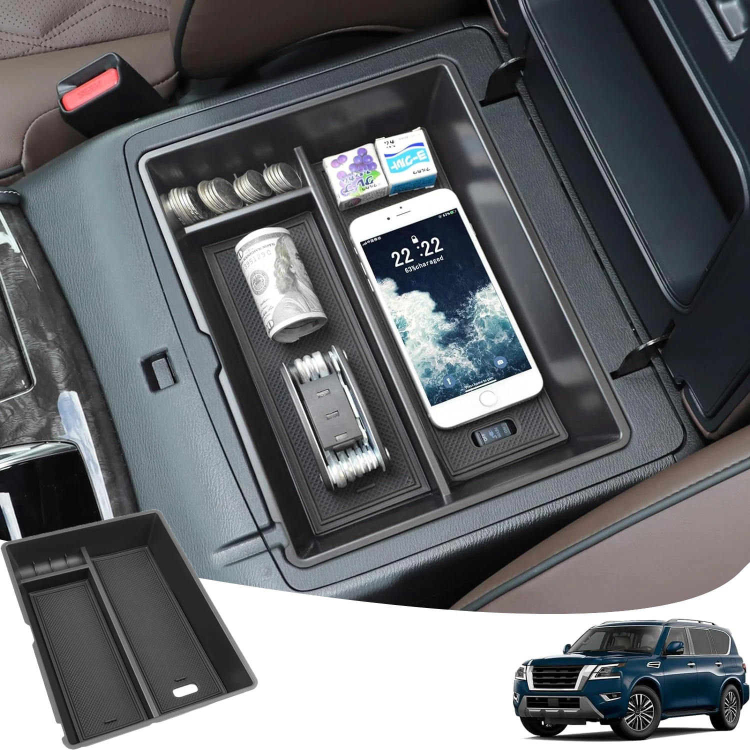 

Center Console Organizer Tray For Nissan Armada 2021 2022 2023 2024 Armrest Storage Secondary Car Box ABS Insert Accessories